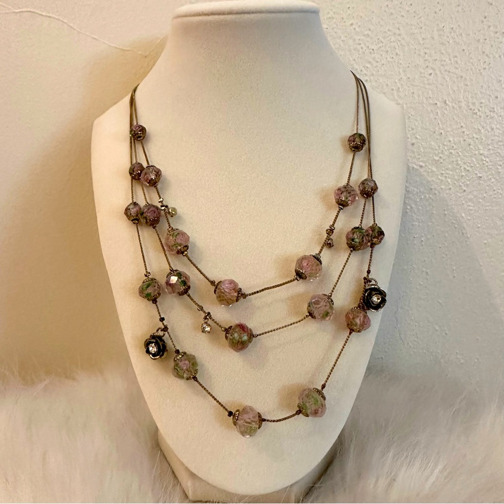 Betsey Johnson Three Strand Floral Charm Necklace